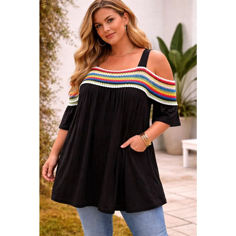 Cha Cha Vente Boho Crochet Off Shoulder Top Black Colorful Trim Medium Festival - Picture 2 of 6